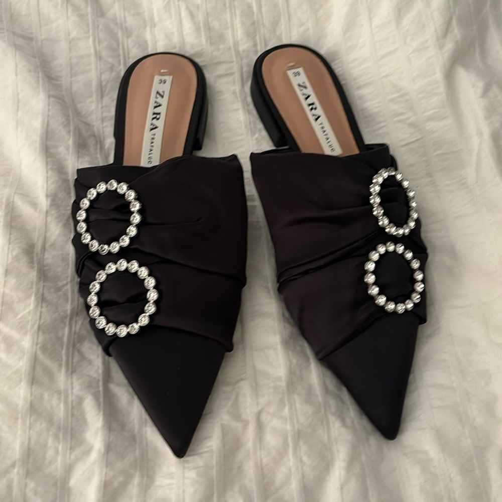 Black Zara Slides with rhinestone buckle never been worn black satin fabric